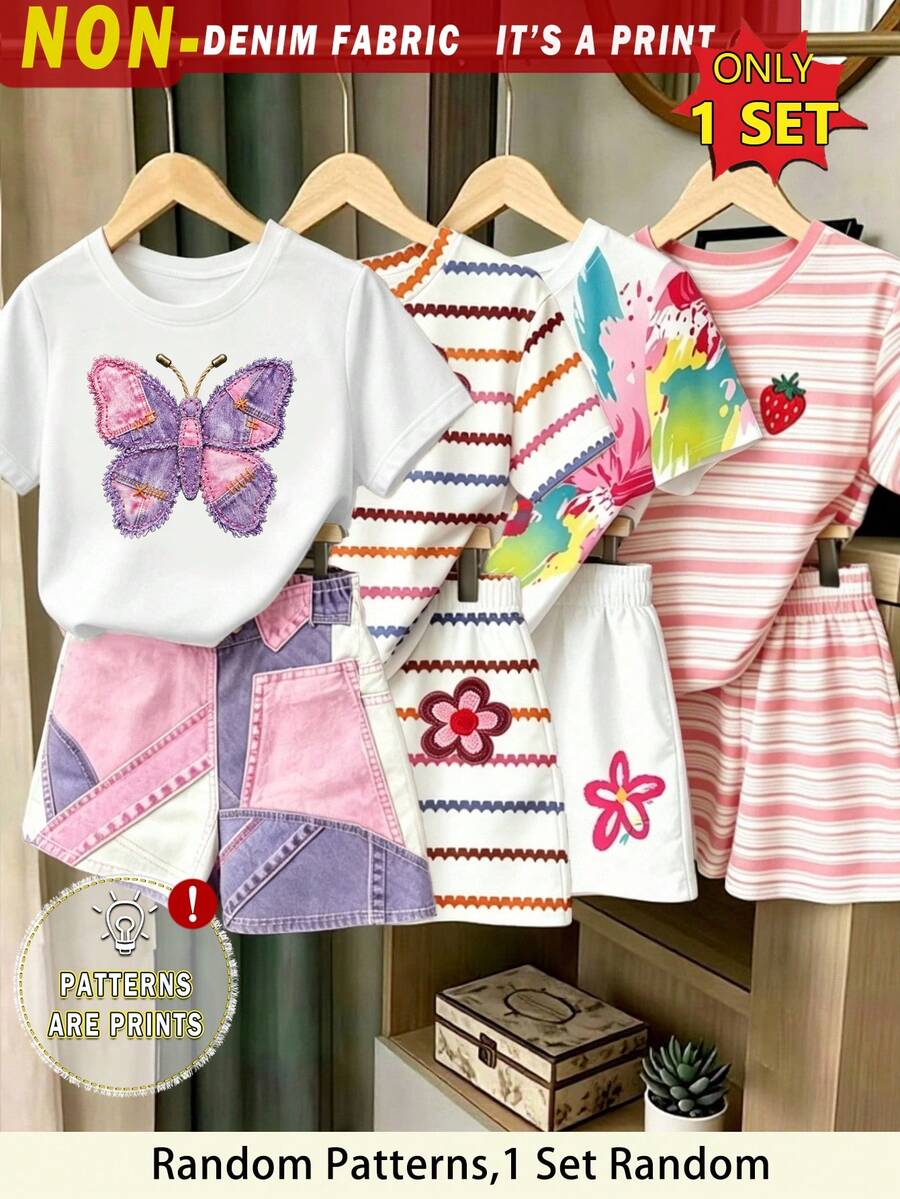Conjunto básico de camiseta corta y pantalones cortos para niñas con estampado de rayas, lazos y patchwork en rosa y morado - Multicolor - Ver 1