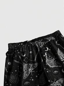 ROMWE Goth 哥德風暗黑蛾蝶月亮太陽星星印花大尺碼女款長褲 - 黑色 - 查看 4