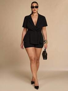 SHEIN BAE CURVE 大尺碼女款黑色短袖夾克與短褲套裝 - 黑色 - 查看 5