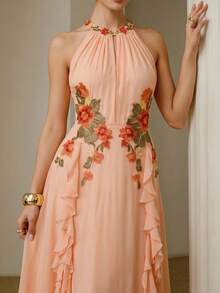 ZEYLAH Vestido elegante de mujer con cuello halter, volantes y bordado - Rosa coral - View 1
