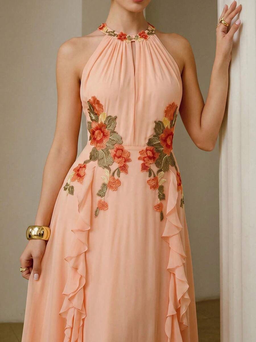 ZEYLAH Vestido elegante de mujer con cuello halter, volantes y bordado - Rosa coral - View 1