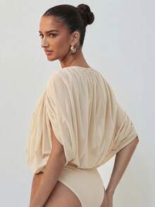 Hauture Bodysuit dengan Lapisan Jala yang Menjuntai - Krem - View 2