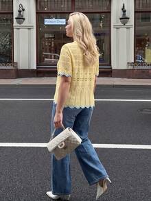 Dripcurv 大尺碼女款鉤編鏤空鈕扣開襟衫 黃色 - 黃色 - 查看 2
