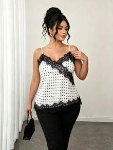 SHEIN Clasi Women's French Elegant Sexy Casual Vacation Commute Camisole, Soft Satin Fabric, All White Polka Dot Print, New Summer V-Neck Lace Trim Fitted Top - Black and White - View 6