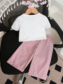 SHEIN 2件組女嬰幼兒/新生兒0-3歲可愛休閒居家/戶外條紋蝴蝶結3D蝴蝶結T恤上衣+條紋長褲套裝，嬰兒莫蘭迪藍色衣著，春/夏 - 紅色 - 查看 3