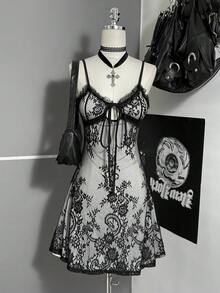 Attitoon 女款蕾絲拼接性感透視迷你吊帶洋裝，適合約會與外出 - 黑與白 - 查看 7