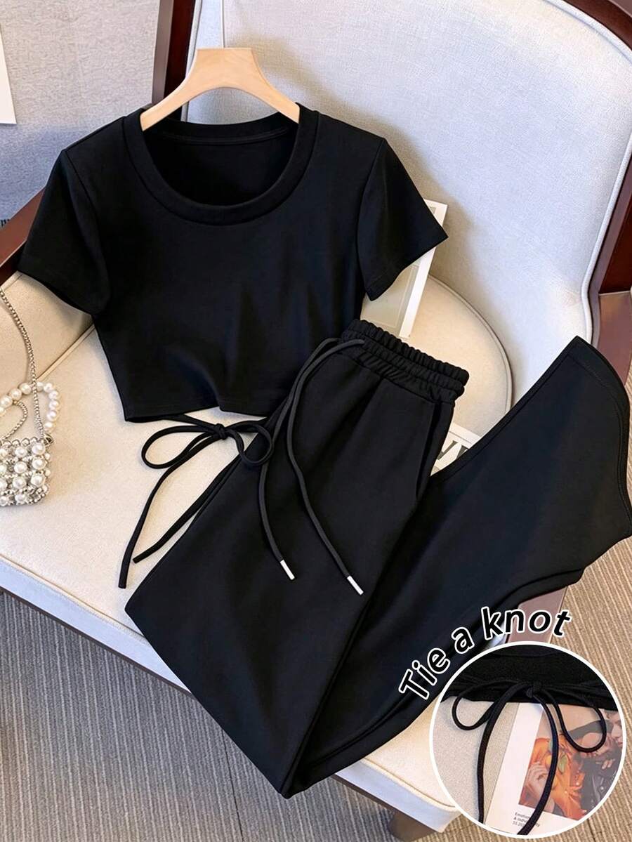 Franclia Matching Short Round Neck Raglan Sleeve Top + Straight Leg Pants With Slant Pockets - Black - View 1