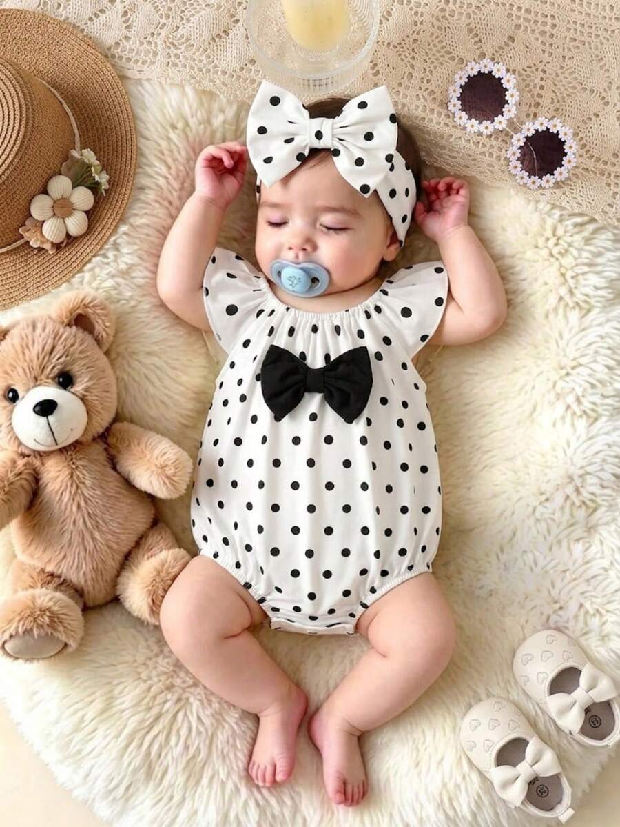 SHEIN Vintaside Kids 新生兒甜美可愛波點荷葉袖連身衣與髮帶套裝 夏季款 - 黑與白 - 查看 1