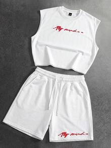 PAVTROS Men's Embossed Round Neck Tank Top And Drawstring Waist Pocket Shorts Set - White - View 3