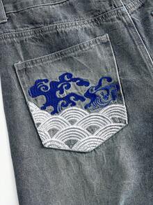ROMWE MEN Jeans de corte holgado con patrón bordado para hombre - Azul - Ver 4