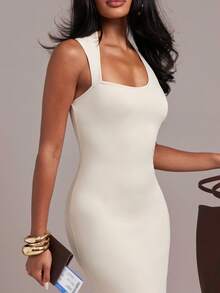 Hauture Women's Sexy Beaded Elegant Minimalist Casual Solid Color Asymmetric Neckline Body Fitted Maxi Dress Perfect For Summer Vacation Airport White - Beige - View 4