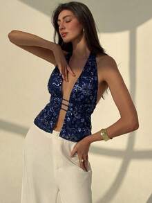 Aloruh Tank Top Wanita Model Halter Neck dengan Tali di Belakang dan Punggung Terbuka, Motif Patchwork dan Payet Warna Biru Tua, Cocok untuk Acara Malam Hari di Musim Panas. - Navy Blue - View 5