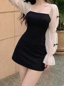 SHEIN MOD Bow Detail Flare Sleeve Dress, Graduation Dress - Black - View 4