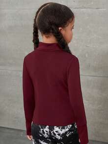 SHEIN Young Girls Solid Color Fitted Knit Casual Long Sleeve Sports Zip-Up Jacket, Simple Casual Elastic, Front Zipper, Straight Collar, Slim Fit Long Sleeve. Perfect For Casual And Daily Wear, School Daily, Girls, Zip-Up Jacket, Children's Sportswear, Autumn Winter, Summer. - Burgundy - View 2