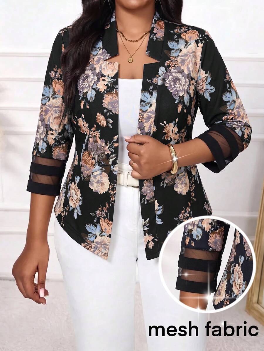 SHEIN Lady 大尺碼女款花卉圖案對比網紗3/4袖優雅西裝外套 - 彩色 - 查看 1