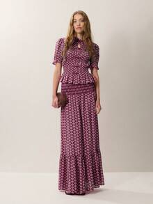 Nöista Bohemian Print Two Pieces Set With Pleated Midi Skirt. Summer, Fall, Resort, Casual Chic Style. - Red Violet - View 14