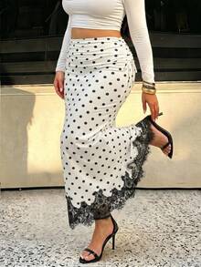 SHEIN MOD Plus Size Women Pleated Tie-Up Polka Dot Lace Patchwork A-Line Skirt, Elegant Wedding Guest Summer - Black and White - View 4