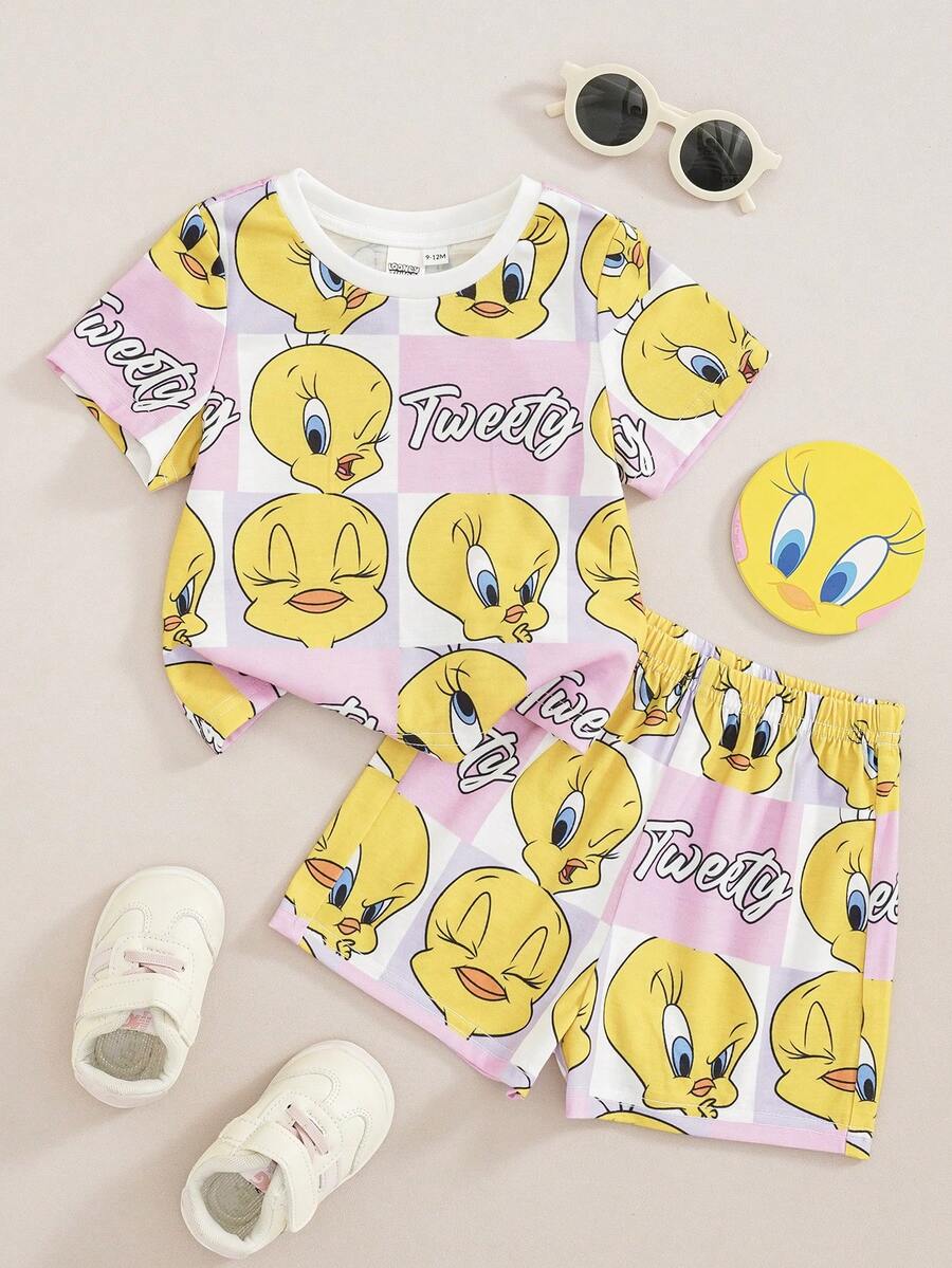 LOONEY TUNES X SHEIN 女嬰字母卡通印花短袖T恤與短褲休閒日常套裝 - 彩色 - 查看 1