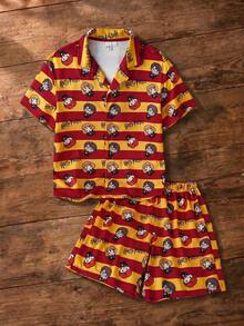 HARRY POTTER X SHEIN Conjunto de pijama con parte superior de manga corta con botones y estampado de bloques de color y rayas, y pantalones cortos para niño preadolescente - Amarillo - Ver 1