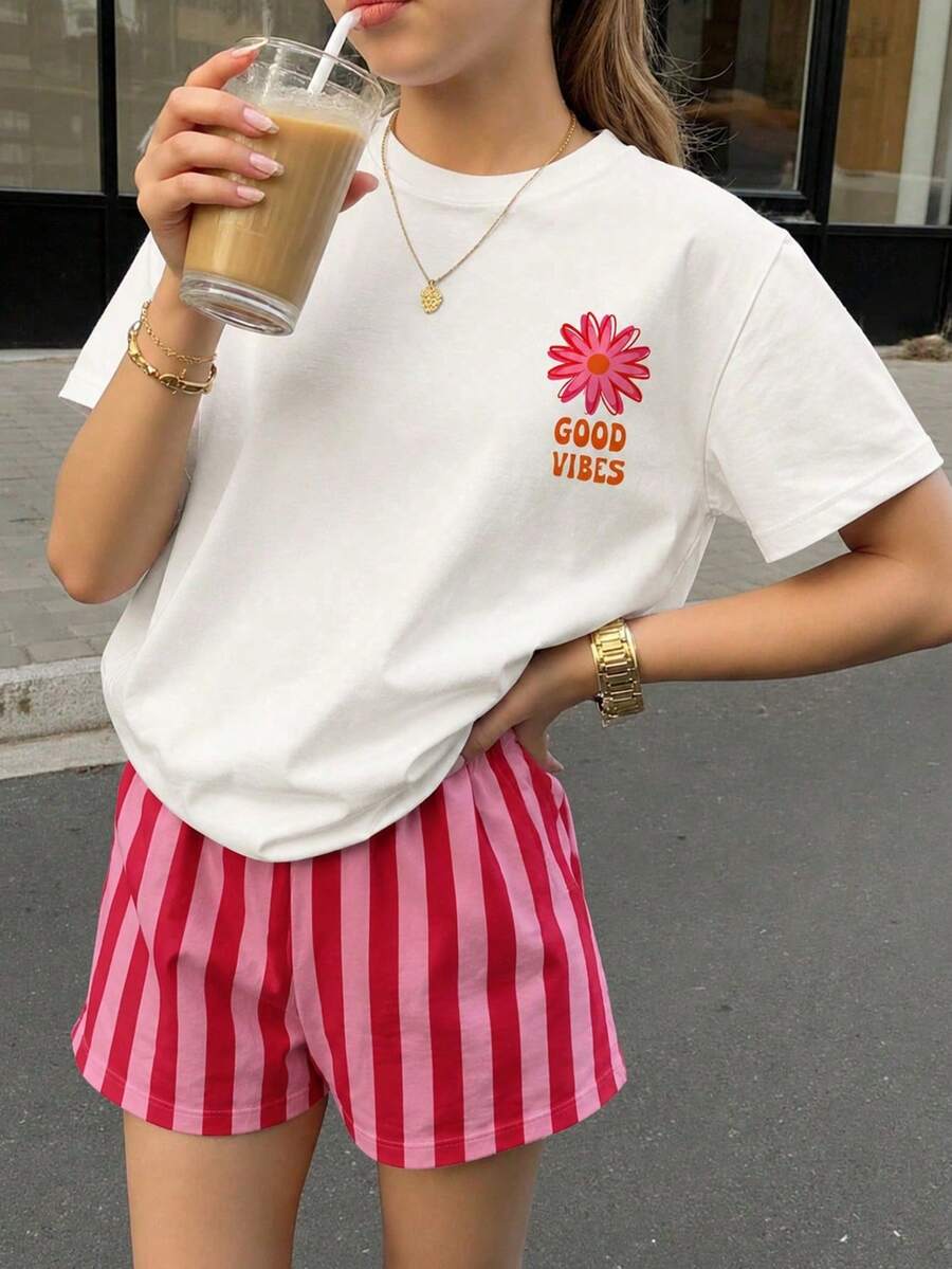 青少年女孩休閒簡約寬鬆圓領短袖T恤與寬鬆短褲2件套,適合春夏穿著 - 彩色 - 查看 1