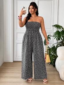 SHEIN EZwear 大尺碼女款碎花抓皺平口寬腿連身褲，度假風 - 彩色 - 查看 4