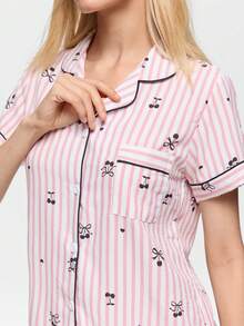 Bonmuse Striped Bow & Cherry Print Women Bubble Crepe Short Sleeve Shorts Pajama Set - Pink - View 6
