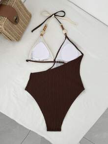 Swim SXY Shiny Fabric Contrast Color Beaded Decor Triangle One-Piece Swimsuit - Multicolor - View 5