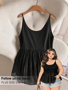 Lounesse Top de tirantes de malla con patchwork para vacaciones, talla grande - Negro - Ver 3