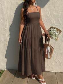 Sunnyshic Plus Size Women's Solid Color Pleated Casual Party Vacation Travel Spaghetti Strap Dress, Suitable For Summer - Brown - View 1