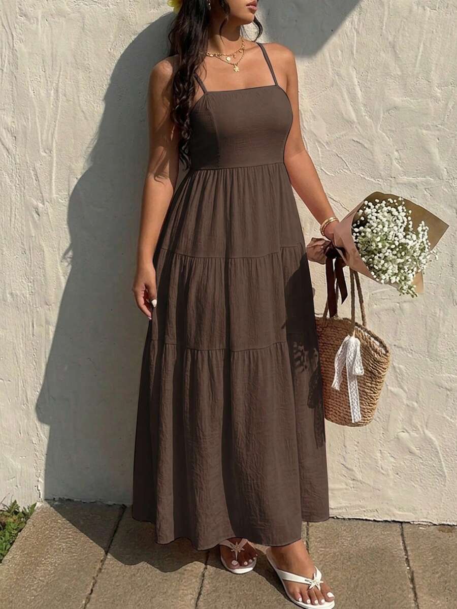 Sunnyshic Plus Size Women's Solid Color Pleated Casual Party Vacation Travel Spaghetti Strap Dress, Suitable For Summer - Brown - View 1