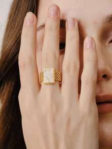Opalesca Beberapa Cincin Minimalis Geometris Berlapis Emas 18k dengan Hiasan Zirkonium Linier - Yellow Gold - View 7