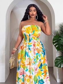 SHEIN CURVE+ Robe sans bretelles plissée à imprimé floral décontractée pour soirée pour femmes grandes tailles - Multicolore - Voir 5