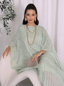 Al Najma 女士纯色纹理优雅长款土耳其长袍，朴素的卡夫坦 - 綠色 - 查看 5