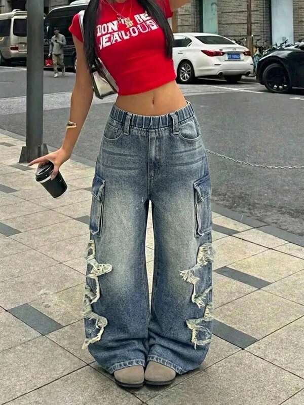Girls' Frayed Hem Star Vintage Retro Blue Denim Loose Long Pants