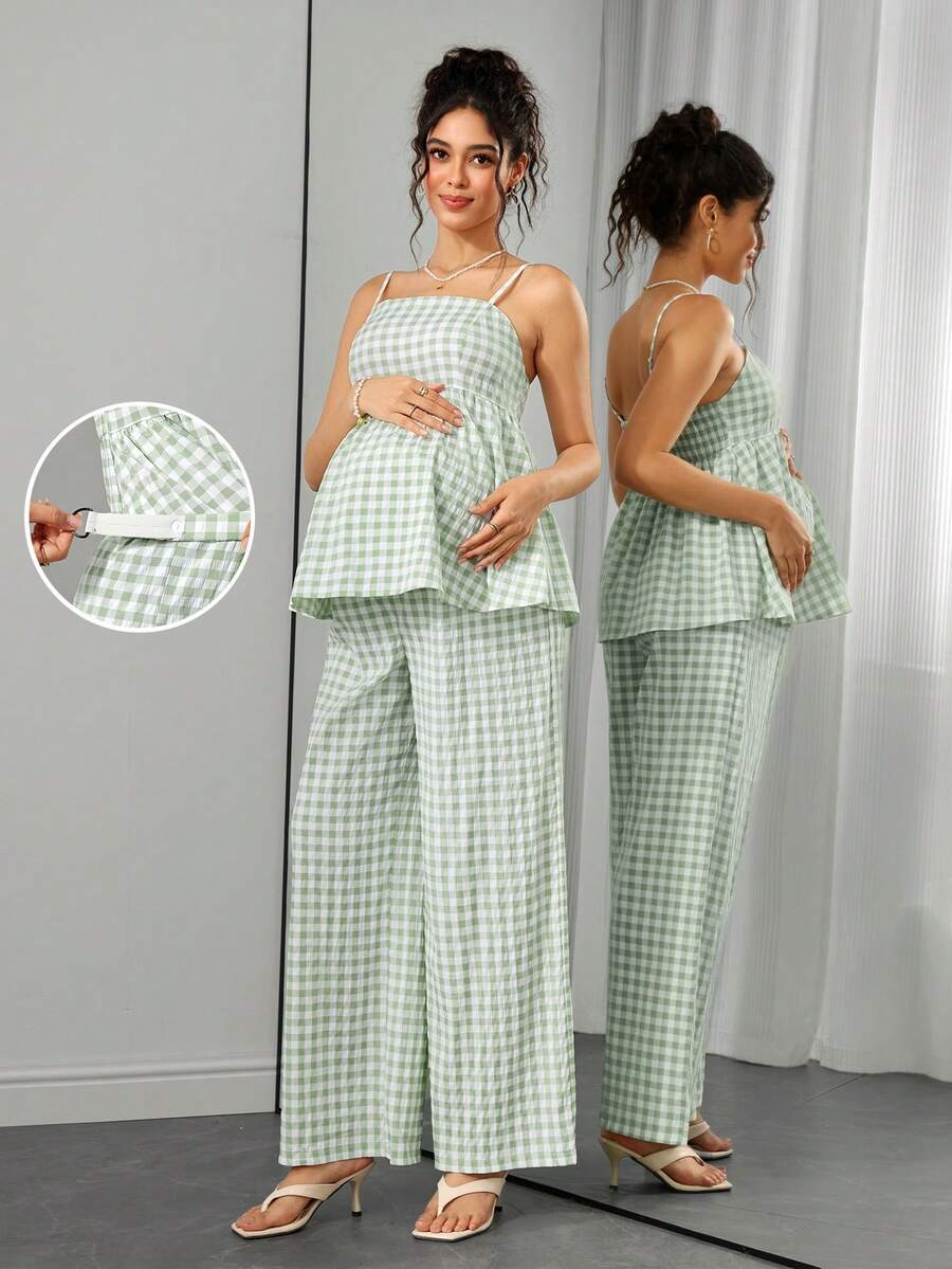 SHEIN Maternity Plaid Suspender Pants 2 Pieces Set - Green - View 1