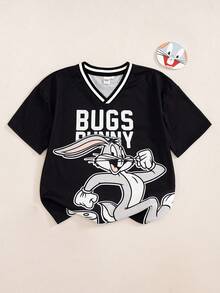 LOONEY TUNES X SHEIN Tween Boy Cartoon Pattern Letter Print V-Neck Contrast Color Short Sleeve T-Shirt - Black - View 1