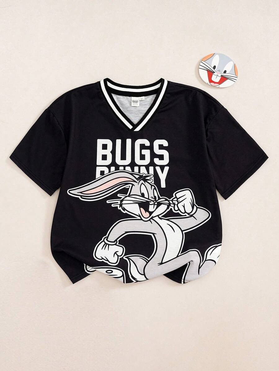 LOONEY TUNES X SHEIN Tween Boy Cartoon Pattern Letter Print V-Neck Contrast Color Short Sleeve T-Shirt - Black - View 1