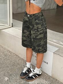 SHEIN PETITE Women's Camouflage Denim Shorts Low Rise Knee Length Pants Bermuda Shorts Summer Y2K Casual Street Wear ,Petite Women - Multicolor - View 4