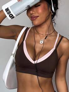 SHEIN Women's Colorblock Patchwork Sports Bra - Brown - View 2