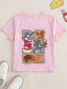 TOM & JERRY X SHEIN 少女卡通印花圓領短袖休閒T恤 - 白色 - 查看 1