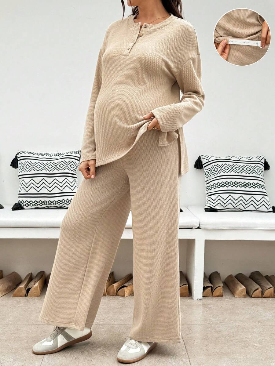 SHEIN Maternity Solid Color Long Sleeve Top And Adjustable Waist Long Pants Casual Daily 2 Pieces Set - Khaki - View 1