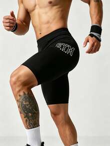 Coreblaze Men's Letter Print High Waist Athletic Base Layer Shorts - Black - View 3