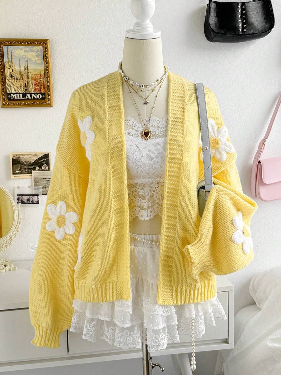 Soleia Women's Floral Pattern Casual Versatile Daily Wear Knit Cardigan,Going Out - Yellow - View 1