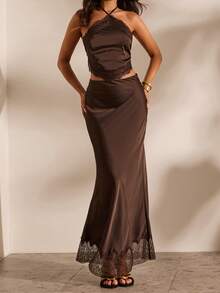 Opulessa Women's Solid Color Fringe Hem Halter Top And Mini Skirt Elegant 2 Pieces Set - Coffee Brown - View 3
