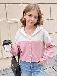 SHEIN Genkimix Kids 女童時尚休閒清新短版連帽針織開襟毛衣，秋冬款 - 彩色 - 查看 8