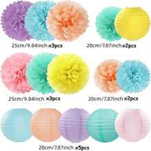 Pastel Rainbow Party Decorations, 15PCS Macaron Tissue Pom Poms & Paper Lanterns, Colorful Hanging Supplies For Birthday, Baby Shower, Classroom & Carnival Themed Parties - View 15