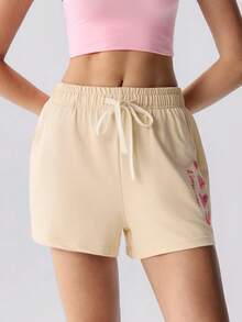 Loungeista Women's Khaki Summer Casual Shorts With Heart Letter Print, Drawstring Waist And Side Pockets - Apricot - View 4