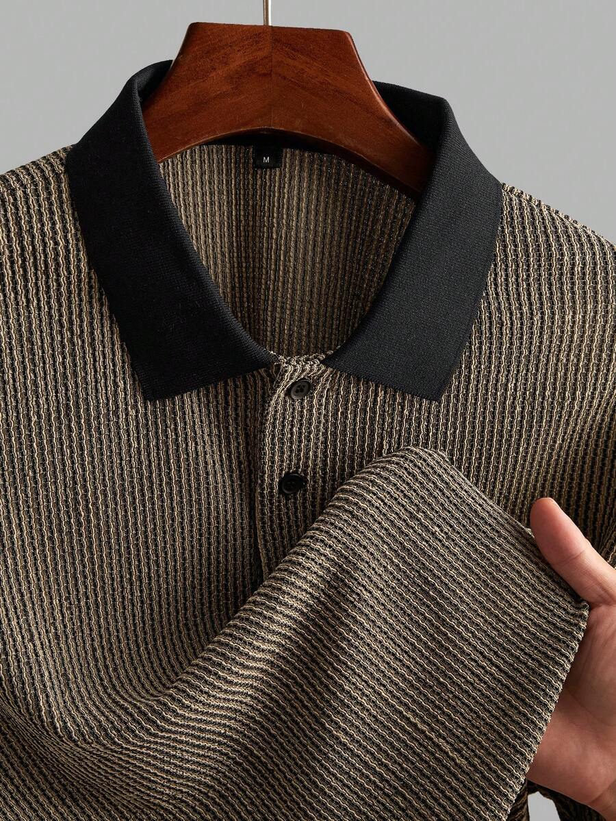 Manfinity Homme 男士雙色提花 Polo 衫,紋理雙色條紋對比領休閒上衣,日常通勤與休閒必備 - 彩色 - 查看 1