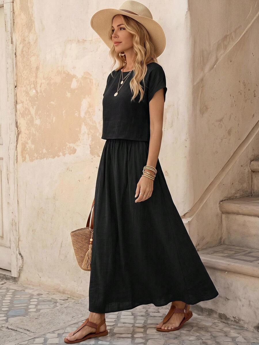 EMERY ROSE Women's Solid Color Simple Daily Wear Short Sleeve Skirt Set (Includes Skirt) - Black - View 1