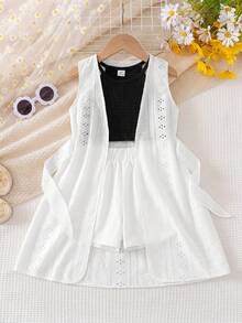SHEIN Elladie kids 女童夏季新款简约吊带露脐背心，休闲直筒白色短裤，无袖针织提花薄外套（带腰带装饰），三件套舒适休闲时尚套装 - 黑與白 - 查看 2